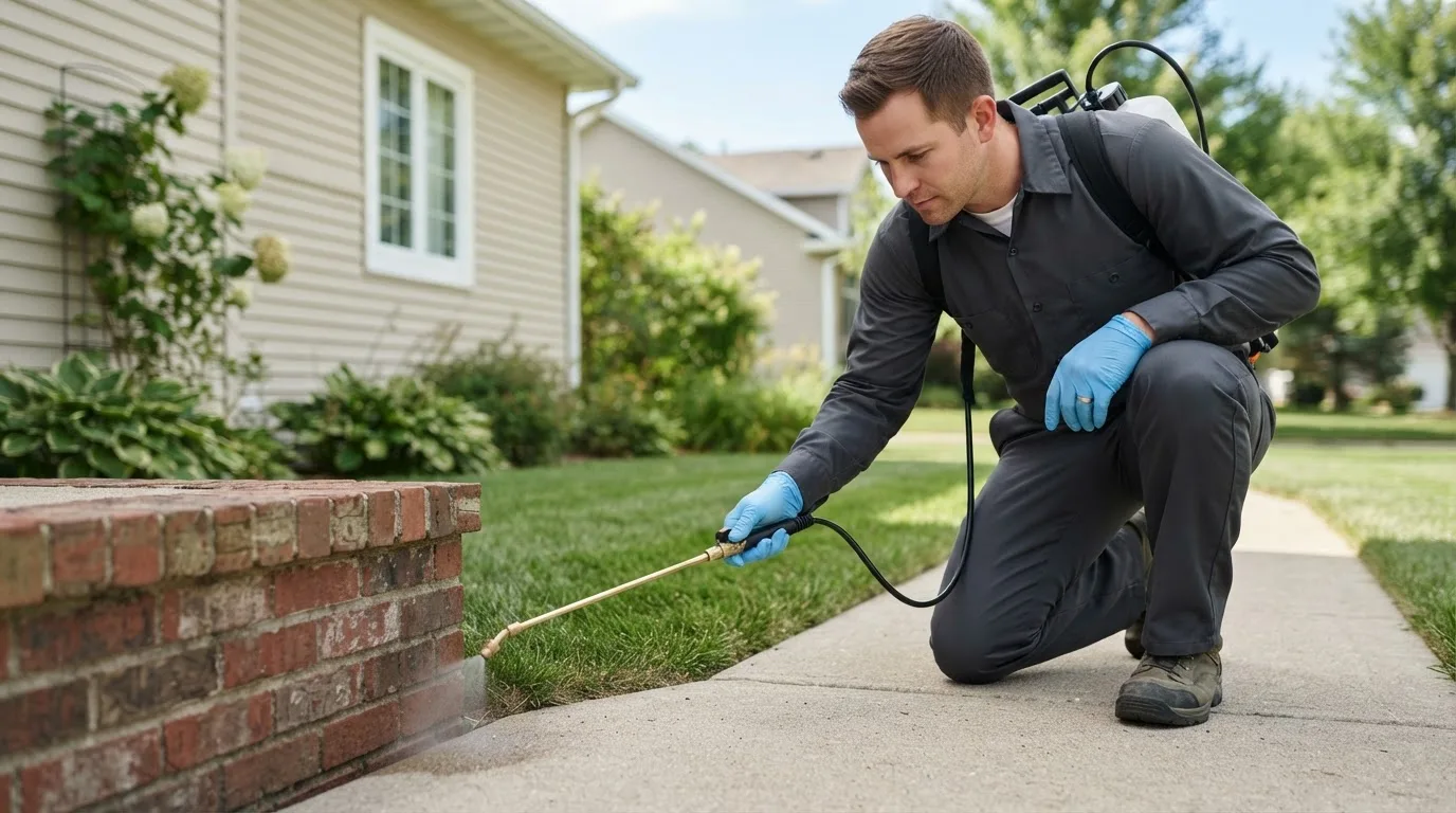 Pest control technician treating a home near Lytle, TX